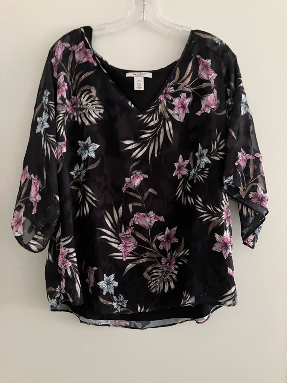 White House Black Market Black Floral V-Neck Sheer Blouse